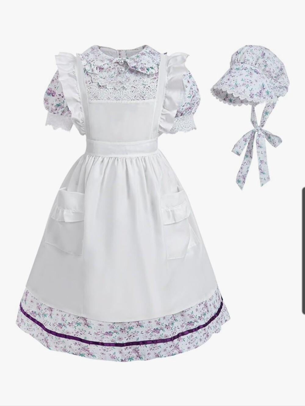 White and Lavender Floral Girls' Pioneer Costume Dress with Bonnet Size Med
